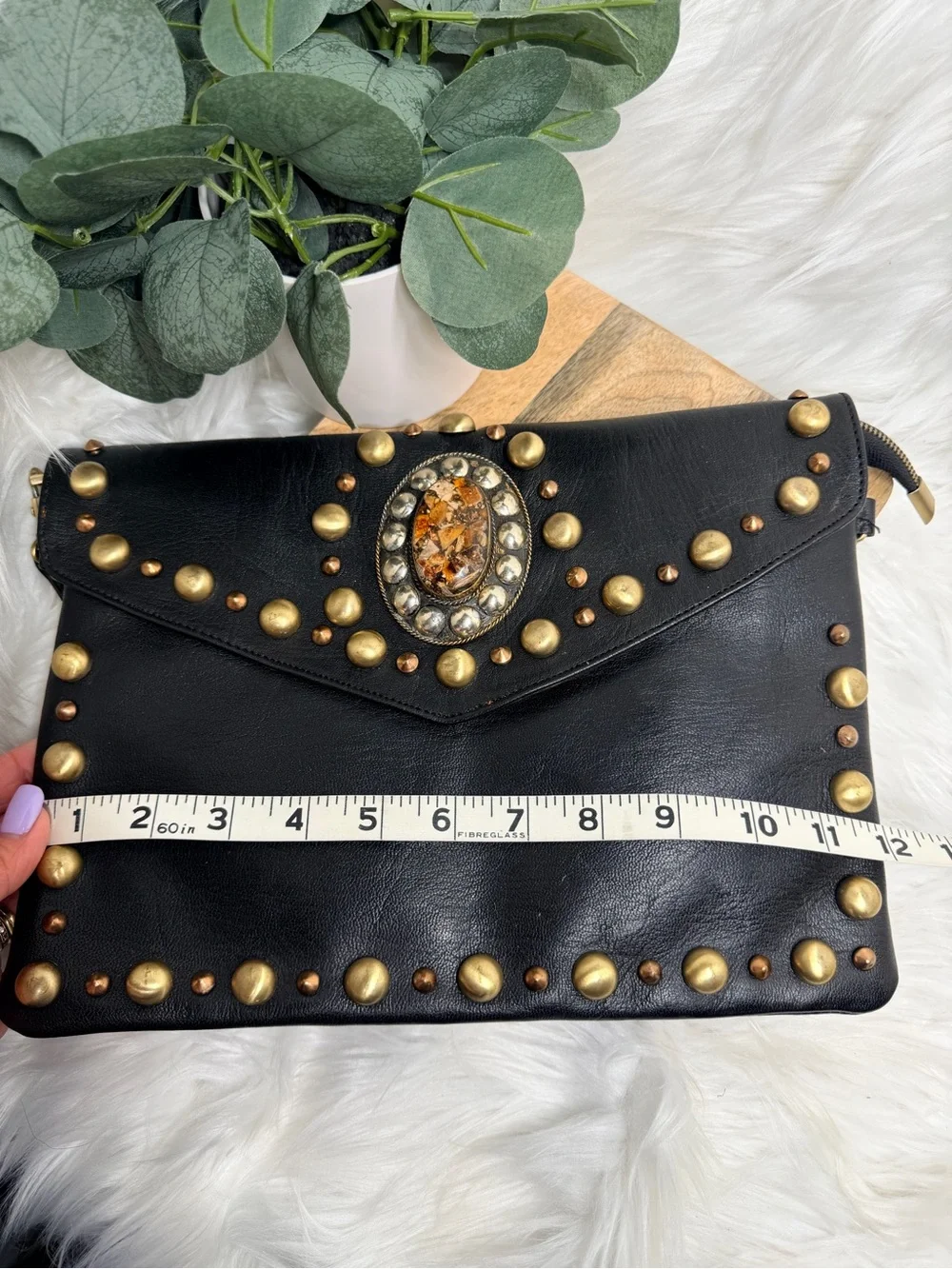 Black Studded Leather Wristlet Clutch with Decorative Centerpiece